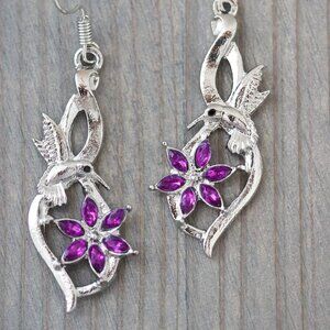 Hummingbird Dangling Earrings Purple Flower Style Silver with Rhinestones